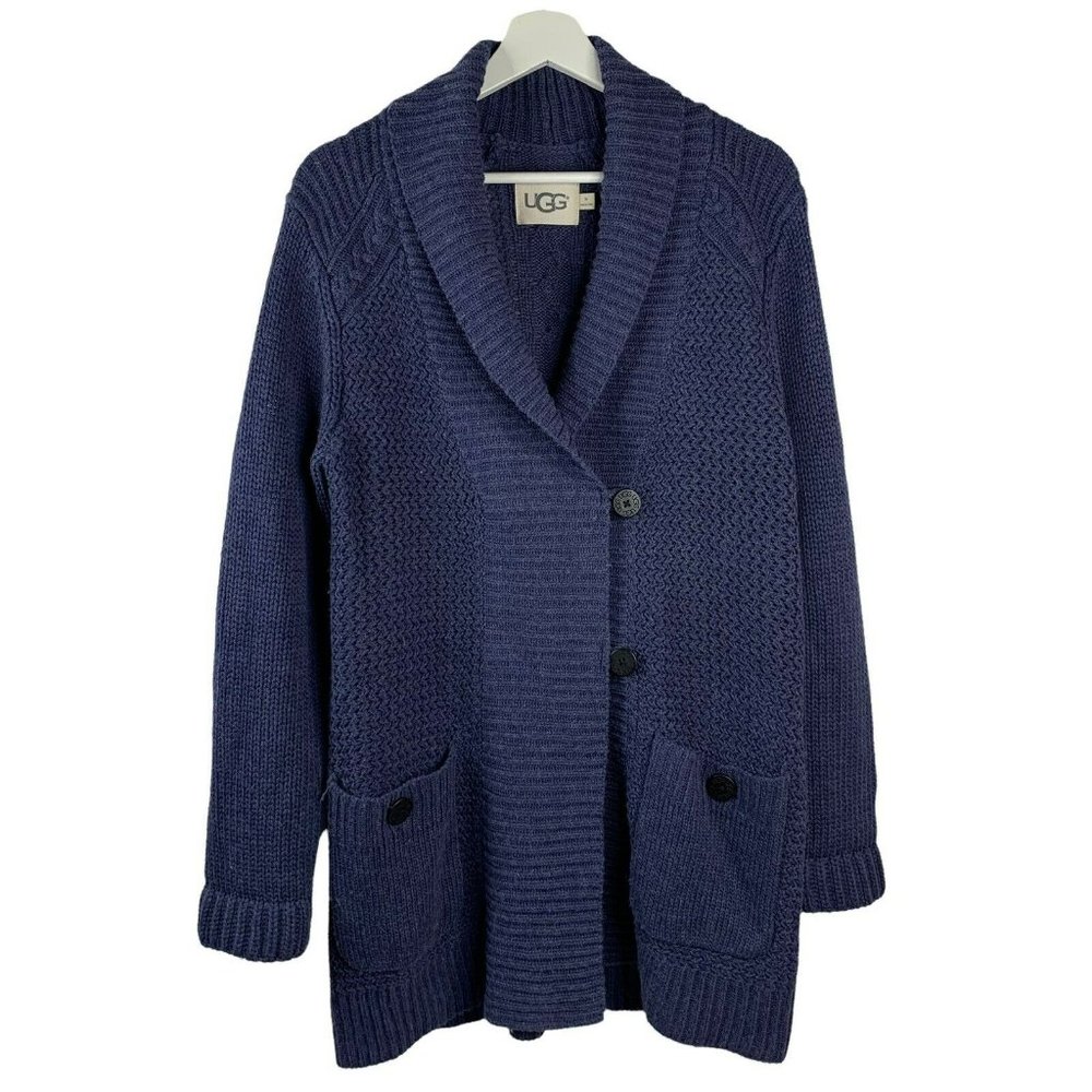 UGG Shawl Collar Wool Blend Cardigan Sweater Blue Chunky Knit Women’s Size Med
